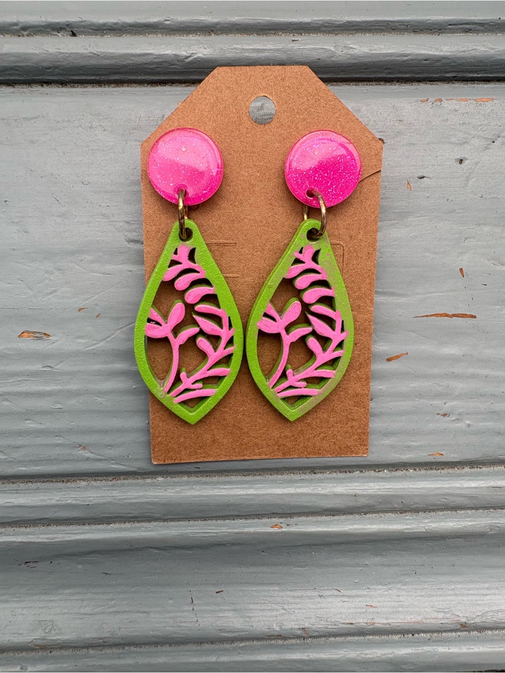 Pink & Green Floral Teardrop Earrings
